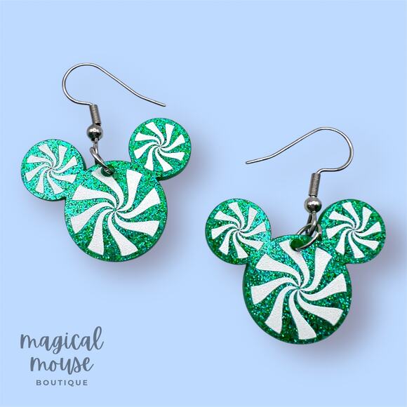 Peppermint Mickey Earrings | Disney-Inspired Christmas Glitter Acrylic Earrings - Picture 1 of 3